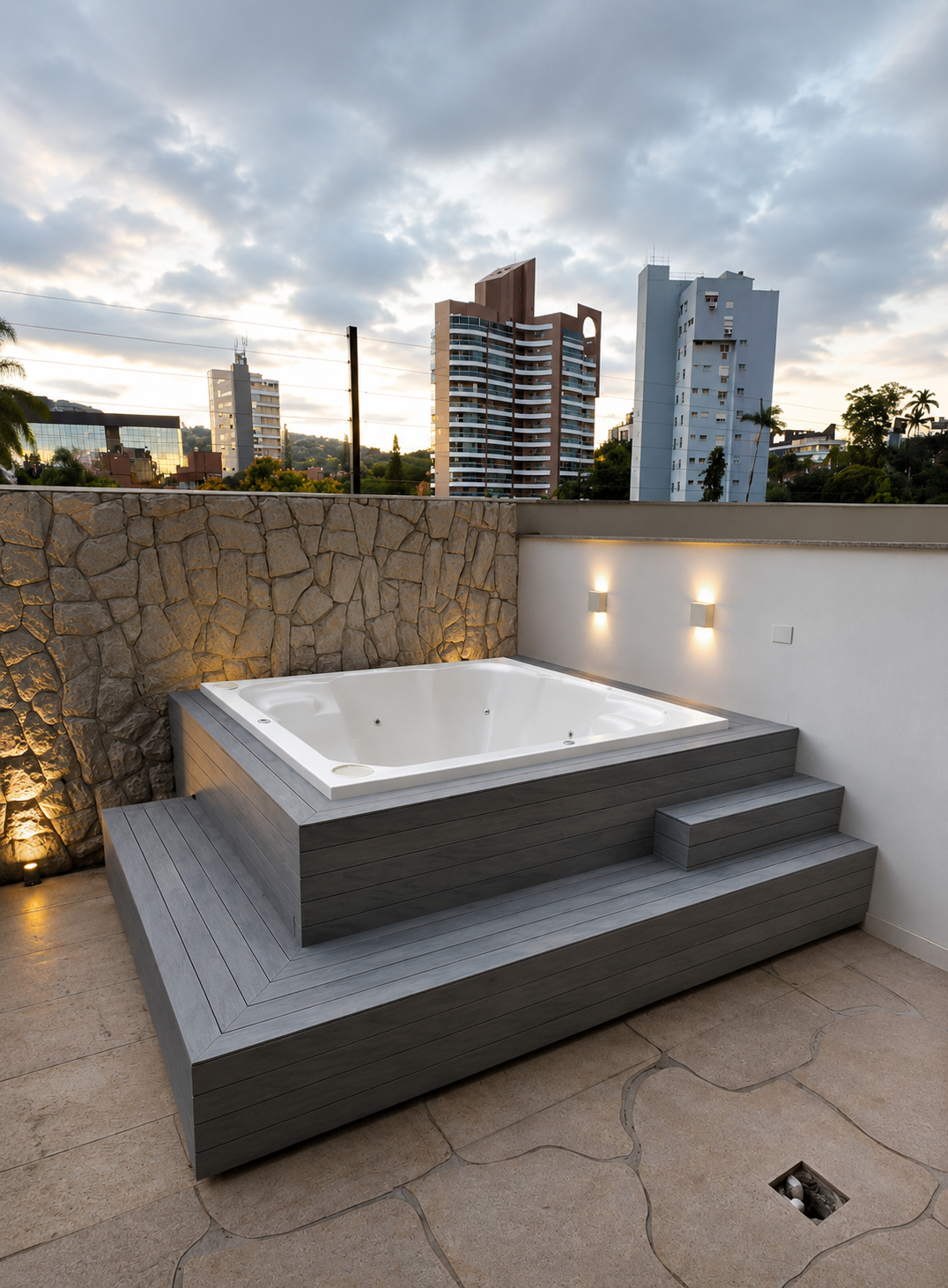 Deck elevado com spa em terraço com vista para a cidade