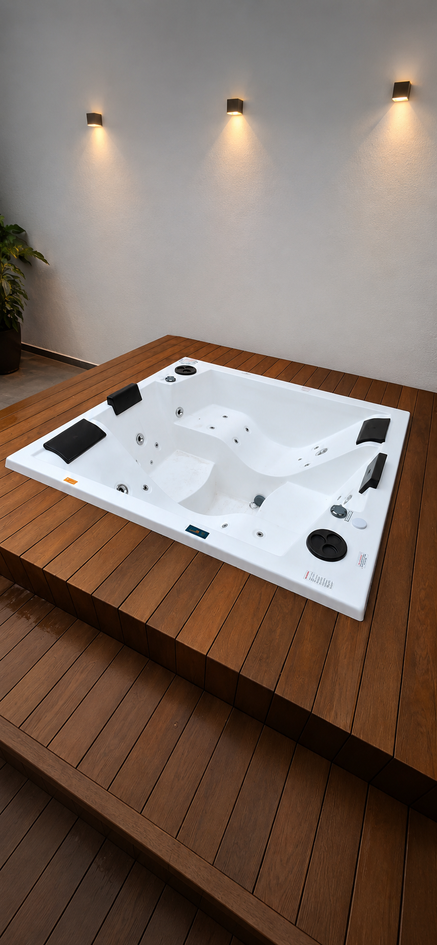 Spa embutido em deck de madeira plástica com iluminação