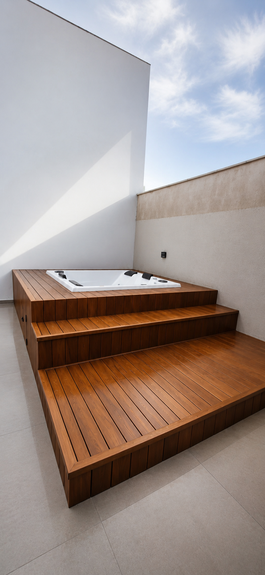 Deck com escadas e spa em ambiente externo
