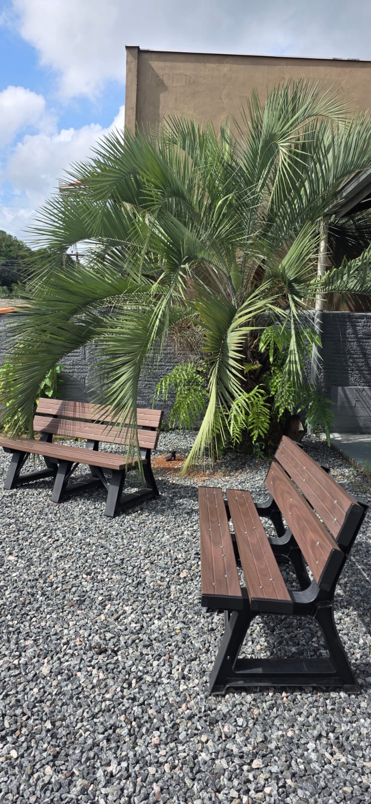Bancos em madeira plástica em área externa com paisagismo